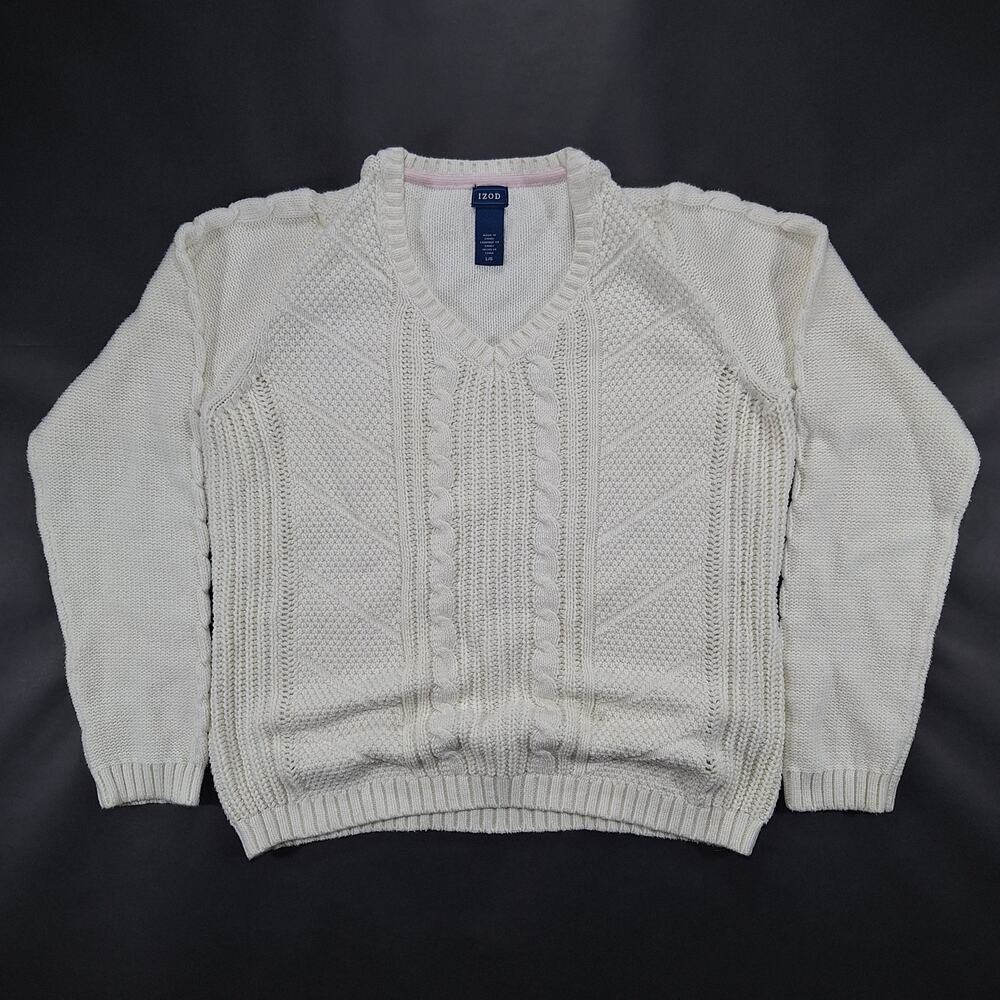 IZOD Sweater Womens Large Cream White Cable Knit Pullover Long Sleeve V Neck